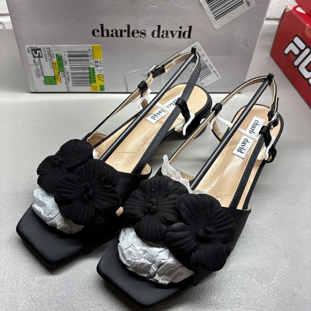 Charles David Dean Slingback Sandal Floral Top Women's Black Size US8 New In Box
